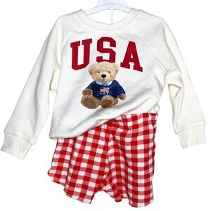 Boys Girls 2T Off‑White Sweater Set NWT — Red Plaid Shorts — Soft Teddy Bear USA